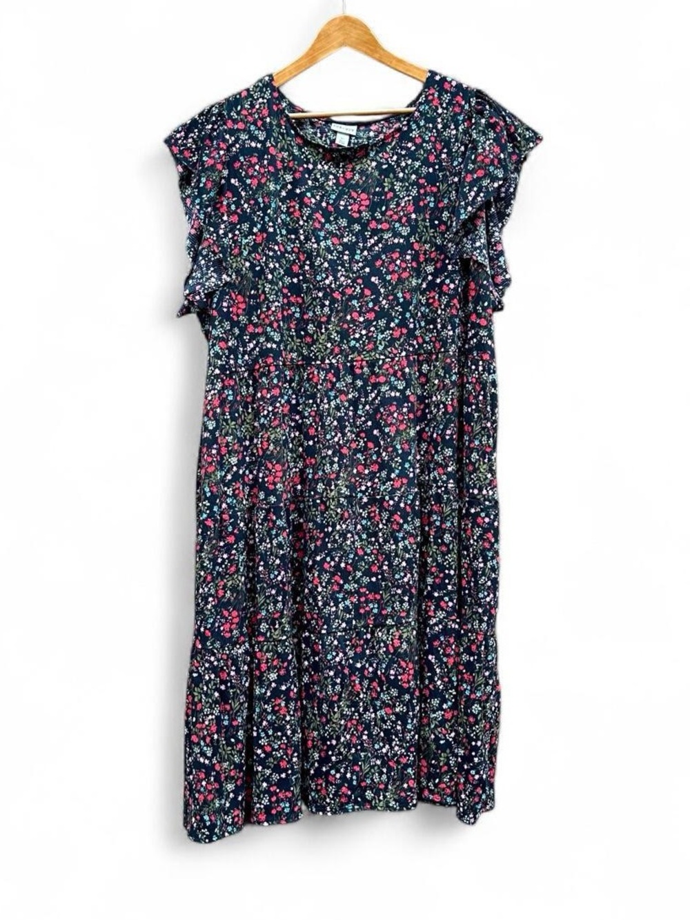Ava & Viv Dress Dark Ditsy Floral Tiered Ruffle Raw Edge Sleeve Plus Size 4X